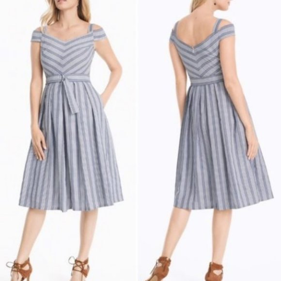 White House Black Market White and Blue Striped Sundress with Pockets - Sz. 0 - Picture 1 of 12